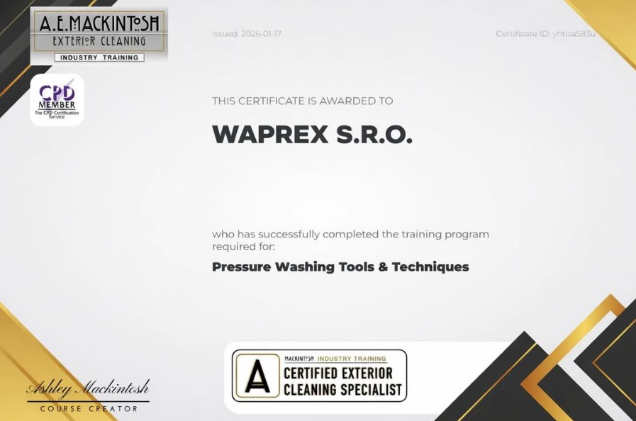 Certifikace WAPREX - Certified Exterior Cleaning Specialist